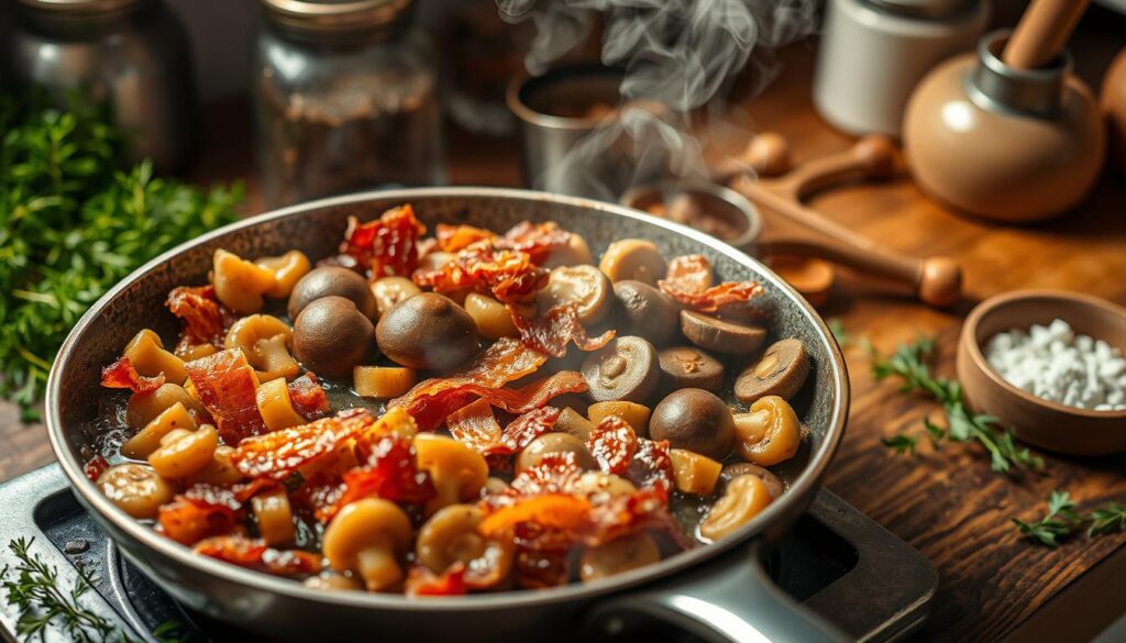 cooking mushrooms and bacon